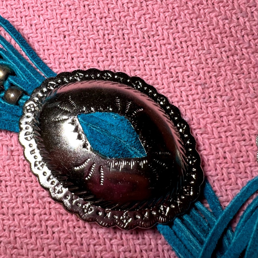 Boho Teal Suede Beaded Concho Belt Southwestern Fringe Tie Waist Silver Tone 62" - Picture 4 of 6